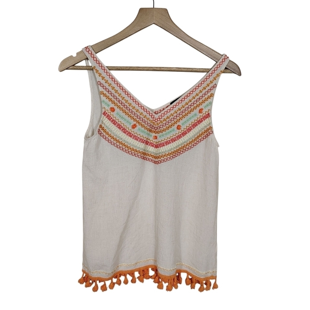 THML Womens Boho Embroidered Tank Top Size XS Tassel Hem Vacation Summer